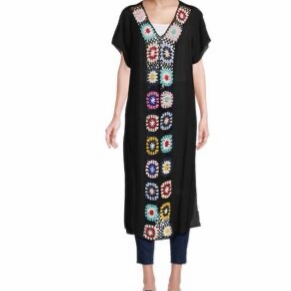 Saks Fifth Avenue Black Crochet Granny Square Maxi Dress Boho Beach Cover Up